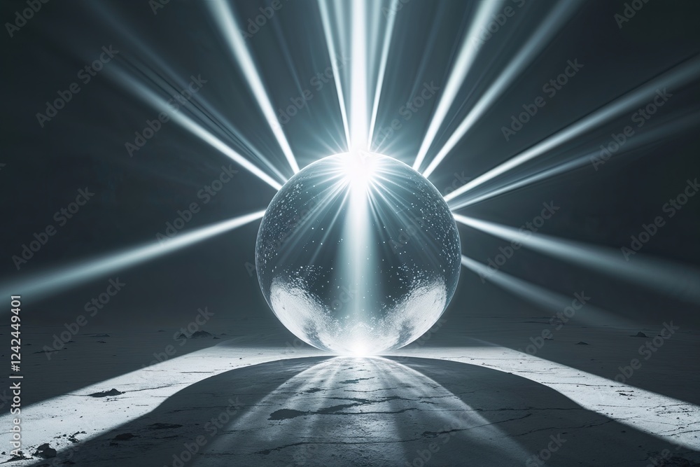 Poster dynamic light overlay with luminous orb shadow effect on stark background and radiant beams