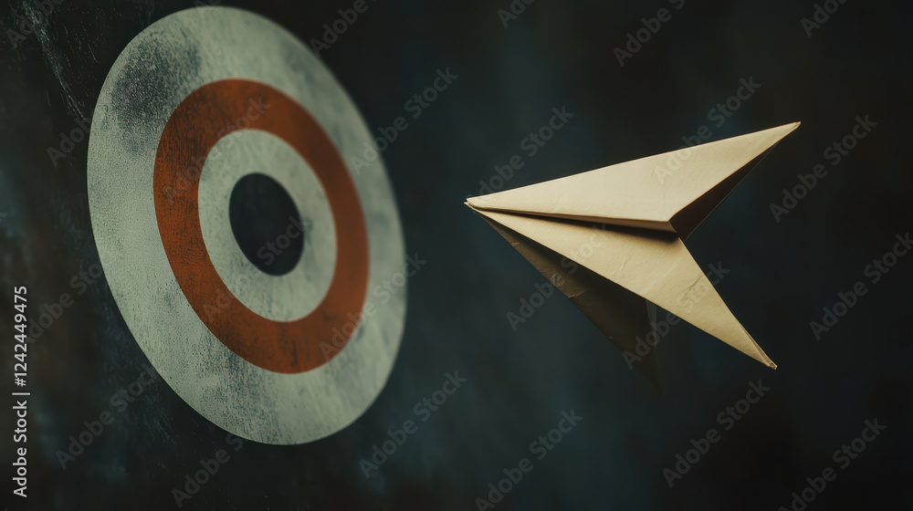 Poster paper airplane flying towards target symbolizing focus and ambition. image captures essence of aimin