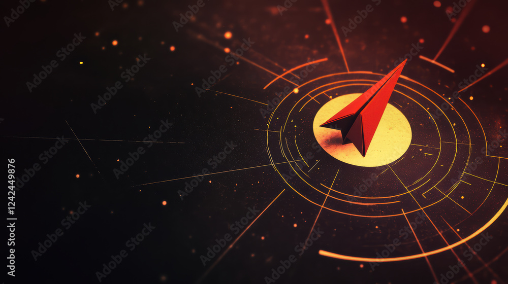 Poster red paper airplane symbolizes innovation and creativity in business context, surrounded by abstract 