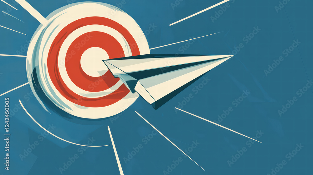 Poster paper airplane flying towards target in business setting symbolizes focus and precision. this dynami