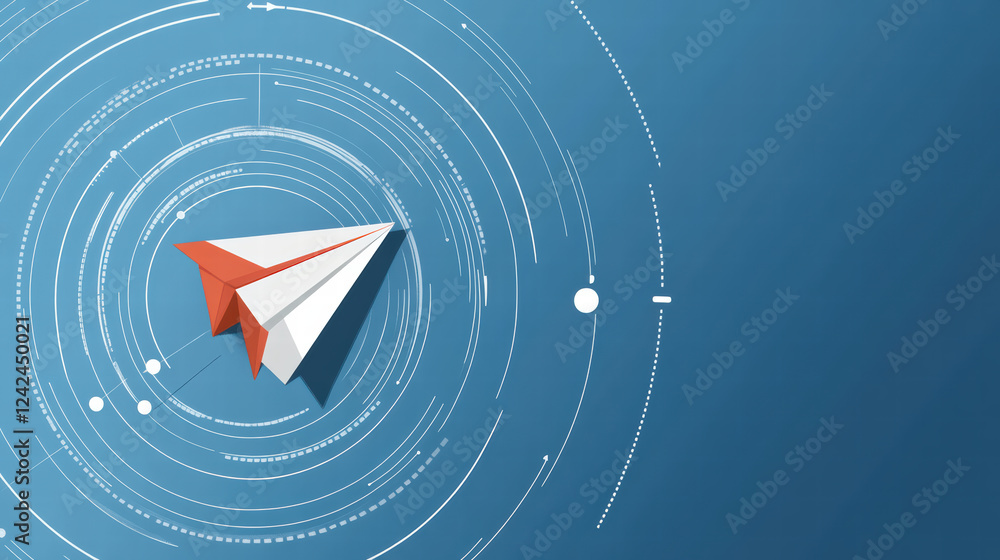 Poster paper airplane in business setting, symbolizing innovation and creativity, soars through digital lan