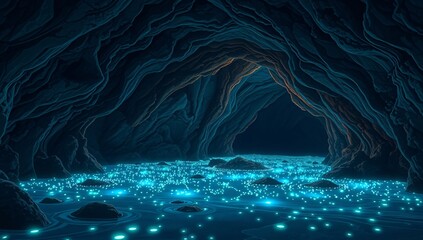 Tidal Cave Entrance with Glowing Bioluminescent Runes – A mysterious cave entrance revealed at low tide, adorned with glowing runes