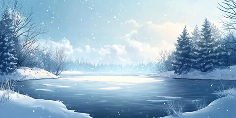 Winter frozen lake, icy river background, frost and snow landscape, anime cartoon graphics