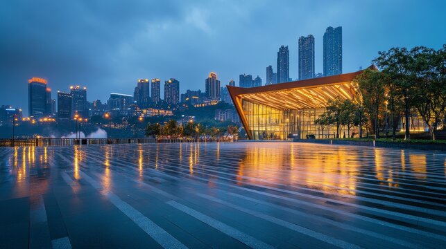 Fototapeta 61.Asphalt road square and modern city buildings at night in Chongqing. Asphalt ground and modern building background after rain