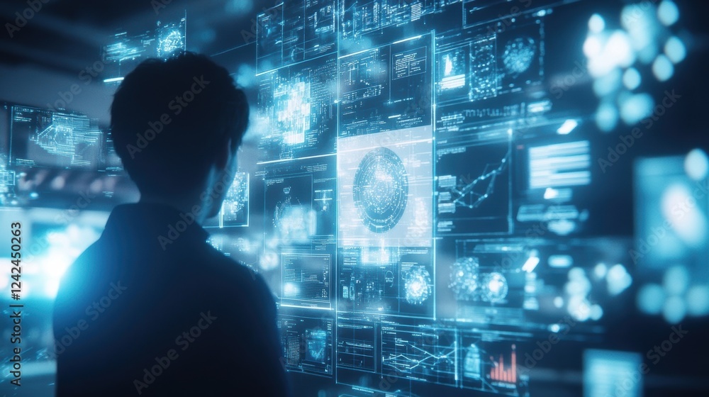 Aufkleber businessman looking at futuristic screen displaying data related to an innovative manufacturing proc