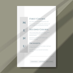 Sophisticated wedding menu template with a modern, minimalist design. Elegant typography and a soft color scheme create a refined presentation, making it ideal for formal receptions.