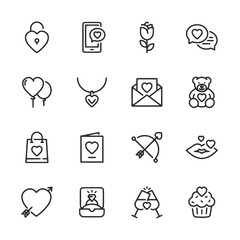A set of Valentine's Day icons including hearts, balloons, and a teddy bear