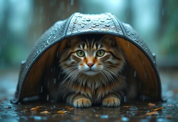 A cute cat is taking shelter due to rain during a rainy season