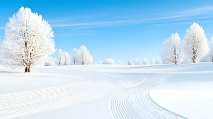 Obraz premium Snowy landscape, cross-country ski tracks, frosty trees, winter wonderland