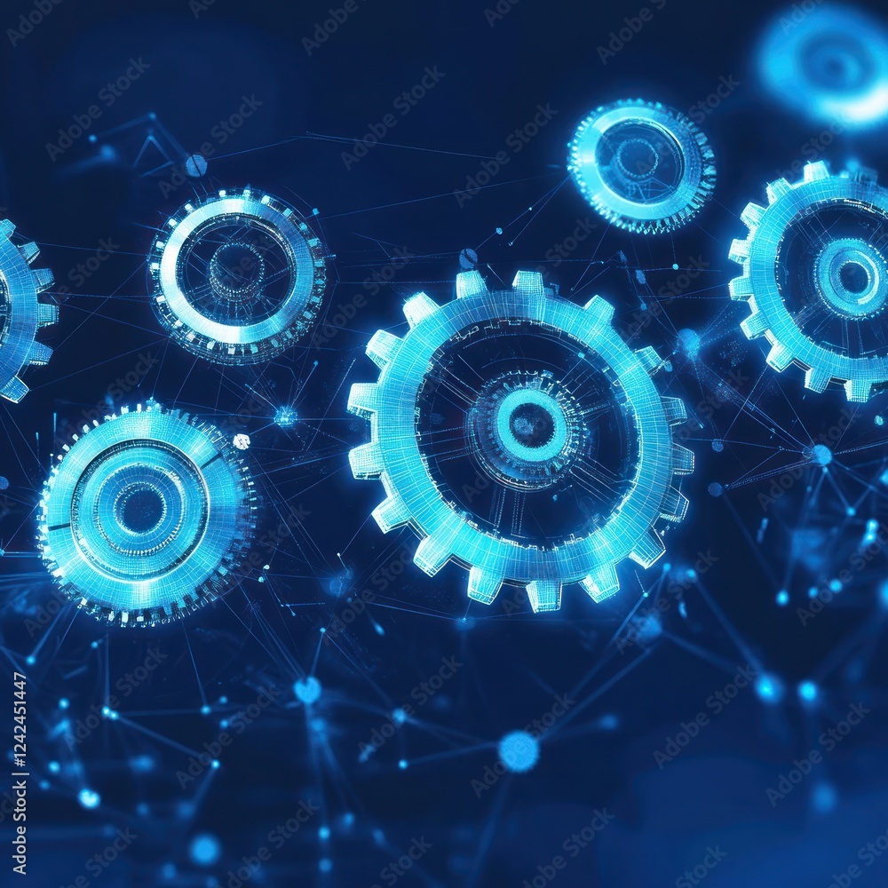 Aufkleber interconnected gears spin, floating in a dark blue void, with linked dots, for tech concept