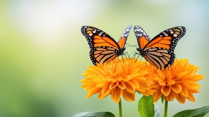 Fototapeta premium Butterflies on Vibrant Orange Flowers in Soft Natural Background