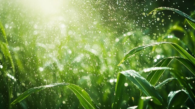 68.Close-up of vibrant green corn sprouts glistening with water droplets as a light spray of irrigation rain falls, with soft sunlight breaking through the clouds.