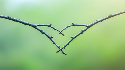 Fototapeta premium Heart Shape Created by Two Twigs Over Bright Green Background
