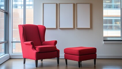 Red Wing Chair and Ottoman in Modern Interior