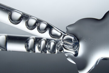 Close up of a pipette dispensing liquid on reflective gray background.