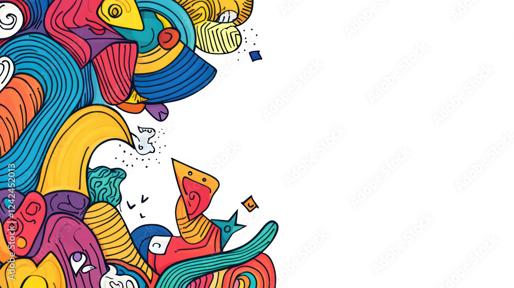 Poster vibrant mix of doodle shapes bursting with color, creating playful and energetic design. This artwork features abstract forms and whimsical patterns, perfect for creative projects