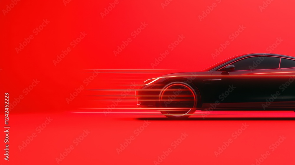 Poster sleek black car in motion with dynamic red background