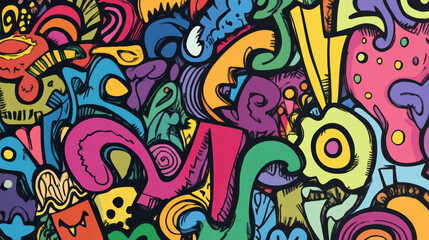 Vibrant doodle shapes in colorful abstract design featuring playful patterns and whimsical forms. This lively artwork showcases mix of colors and shapes, creating joyful atmosphere