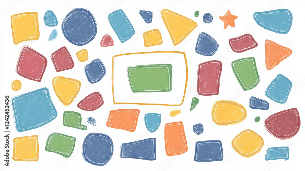Poster colorful doodle shapes in various sizes and colors create playful and vibrant pattern. design featur