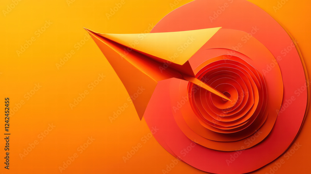 Poster sleek paper plane in flight directed at vibrant orange background, surrounded by circular layers of 