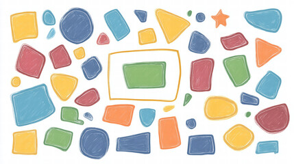 Colorful doodle shapes in various sizes and colors create playful and vibrant pattern. design features circles, rectangles, and stars, evoking sense of creativity and fun