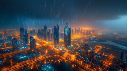 Obraz premium 81.Aerial shot of a modern city illuminated by golden and neon lights under a dark stormy sky, rain streaks blurring the sharp edges of the urban sprawl.
