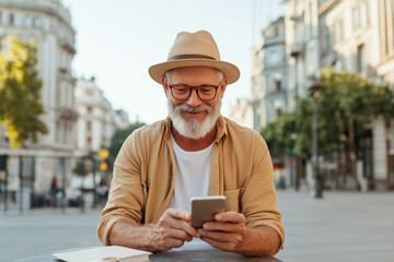 Mature man with a hat sitting at an outdoor café using a smartphone