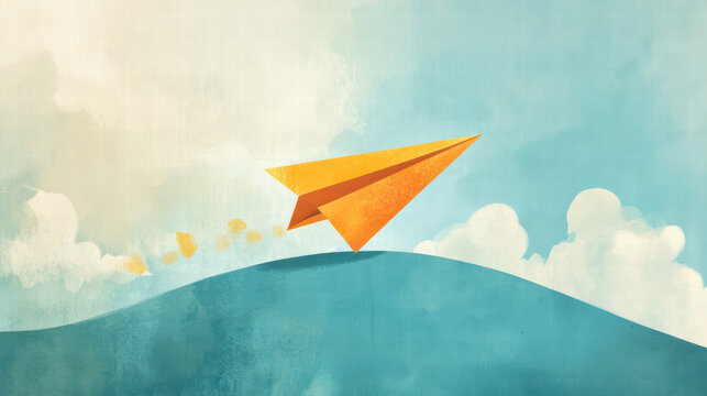 whimsical paper airplane soaring through blue sky, symbolizing dreams and aspirations. vibrant yellow airplane contrasts beautifully against soft clouds and rolling hills, evoking sense of