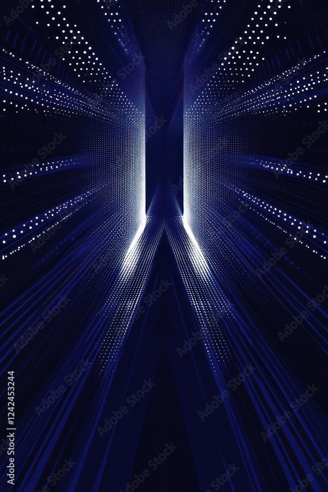 Poster abstract symmetrical view of light beams fading into space, suitable for technology backgrounds