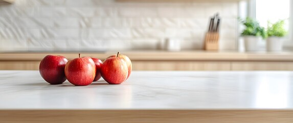 Red apples sit on a kitchen counter top