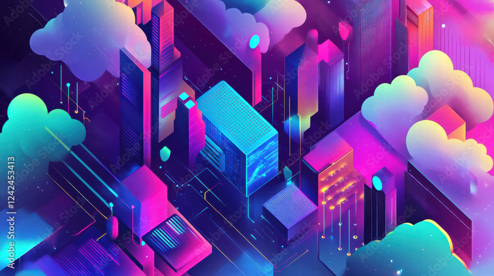 Poster vibrant isometric design showcasing futuristic cityscape with colorful buildings and clouds, represe