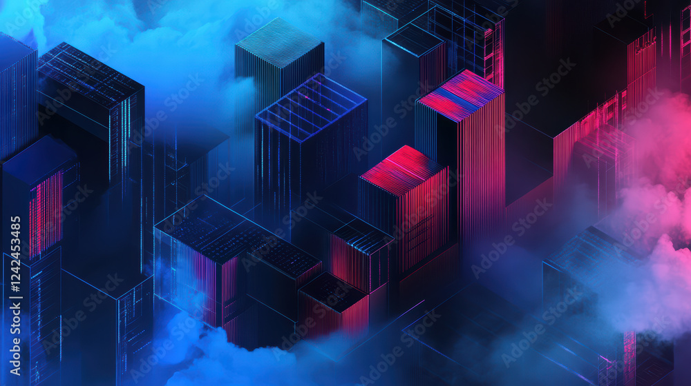Poster abstract isometric design showcasing futuristic cityscape with vibrant colors and cloud effects, rep