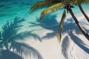 Fototapeta premium Ethereal Palm Leaf Shadows on Azure Waves and Pristine White Sand for Summer Getaways