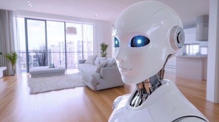Futuristic robot companion modern living room digital device comforting space close-up view technological advancement
