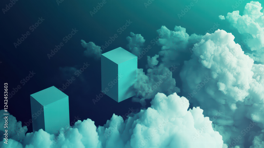 Poster abstract isometric representation of cloud data processing with geometric shapes floating among clou
