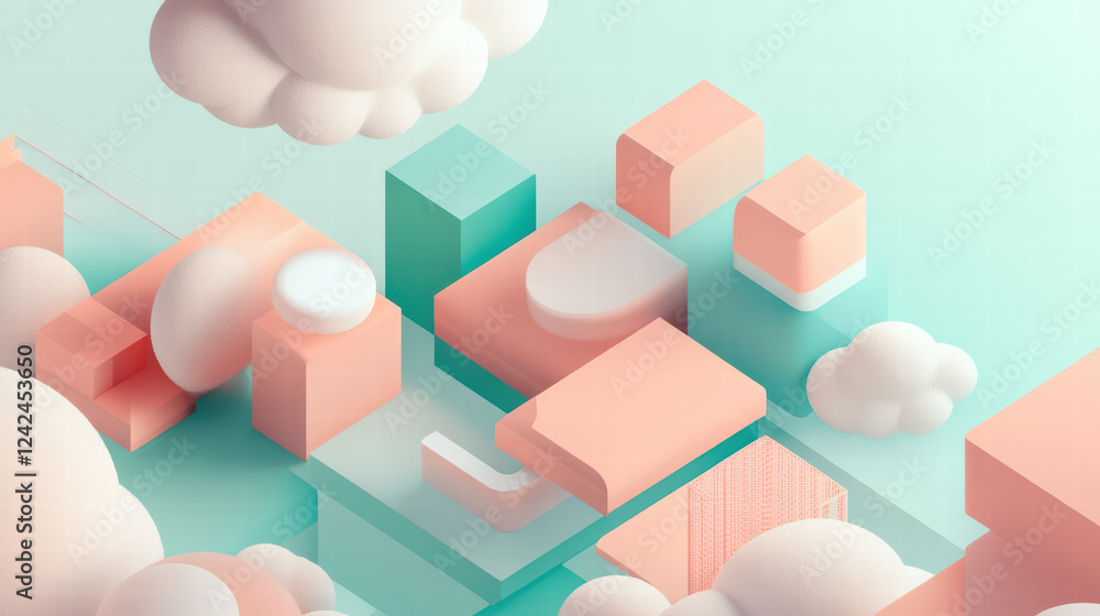 Poster Abstract isometric representation of cloud data processing with pastel colors and geometric shapes. design evokes sense of modernity and innovation in digital technology