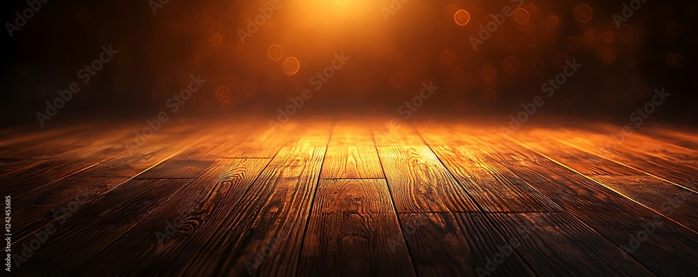 Aufkleber empty brown wooden floor with blurred abstract night lights and bokeh, creating a perfect space for 