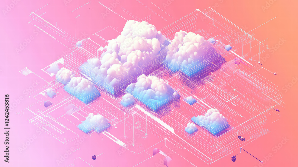 Poster abstract isometric representation of cloud data processing with vibrant colors and geometric shapes,