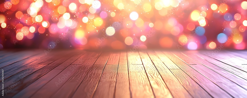 Aufkleber empty brown wooden floor with blurred abstract night lights and bokeh, creating a perfect space for 