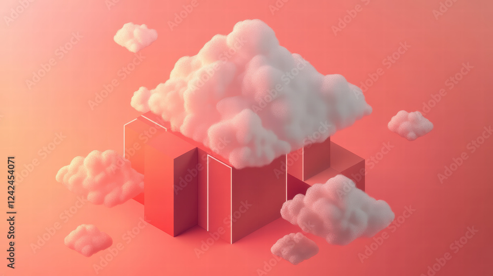 Poster abstract isometric representation of cloud data processing with soft clouds and geometric shapes in 