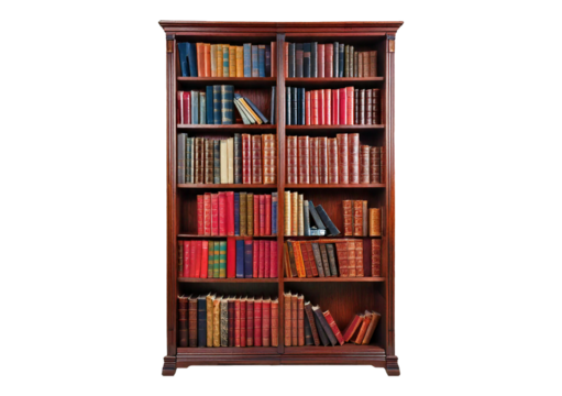 Large bookcase full of books isolated on transparent or white background