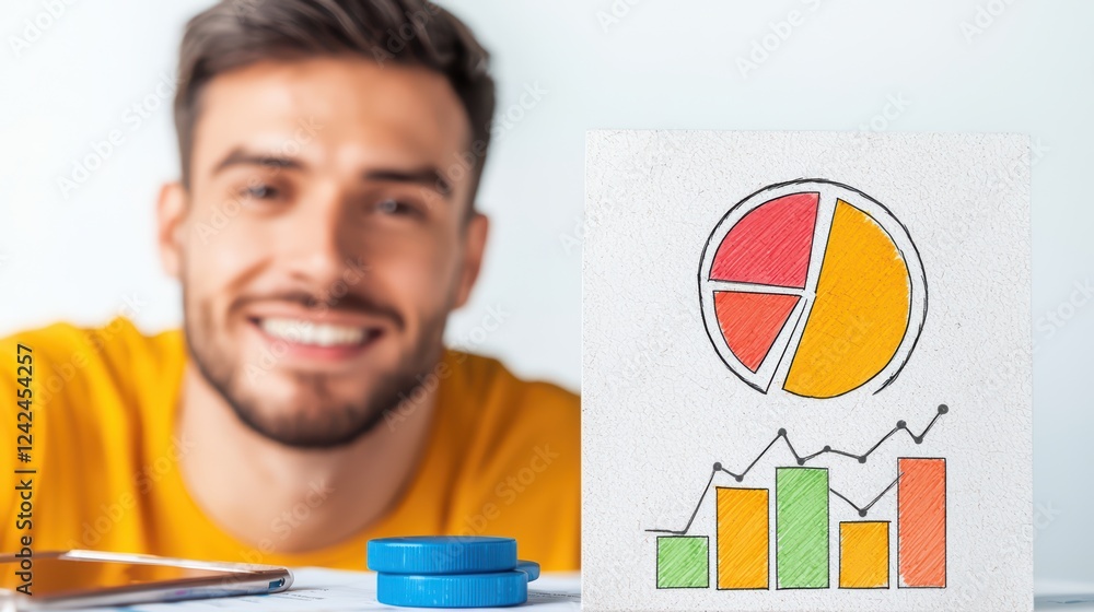 Aufkleber young man smiling with colorful graphs and charts on table