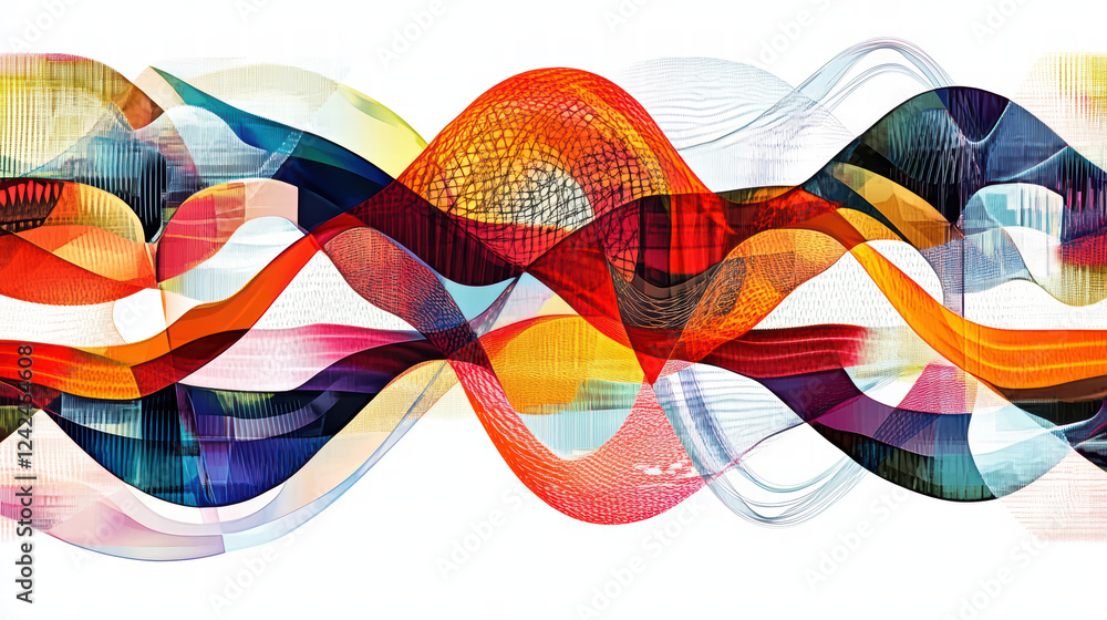 Poster colorful abstract geometric shapes create vibrant wave pattern, showcasing blend of colors and textu