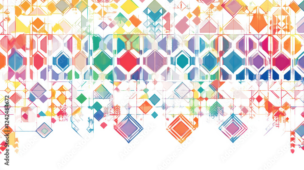 Poster colorful abstract geometric shapes create vibrant grid pattern, showcasing blend of hues and forms t