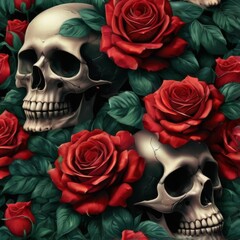 Symmetrical skulls with red roses and green leaves in a tattoostyle digital illustration on a black background.