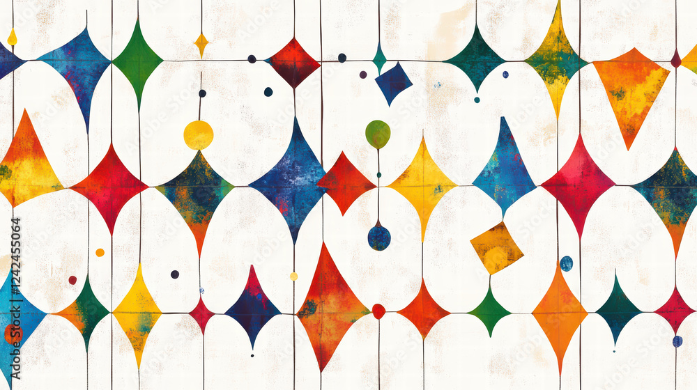 Poster colorful abstract geometric shapes create vibrant grid pattern, featuring mix of diamonds, circles, 