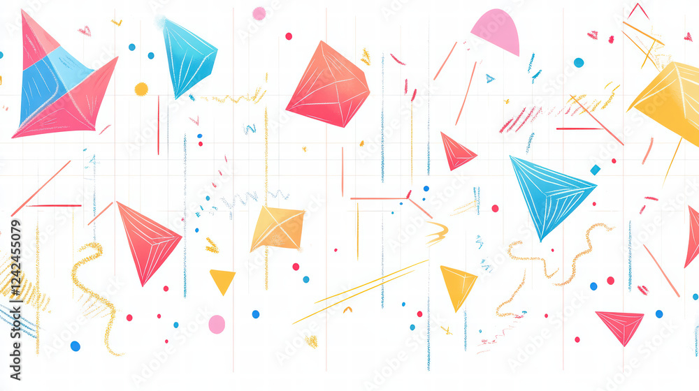Poster colorful abstract geometric shapes create vibrant grid pattern, featuring various triangles, circles
