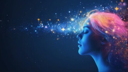Fototapeta premium Silhouette of woman with closed eyes facing right against starry night sky in vibrant rainbow colors on dark blue.