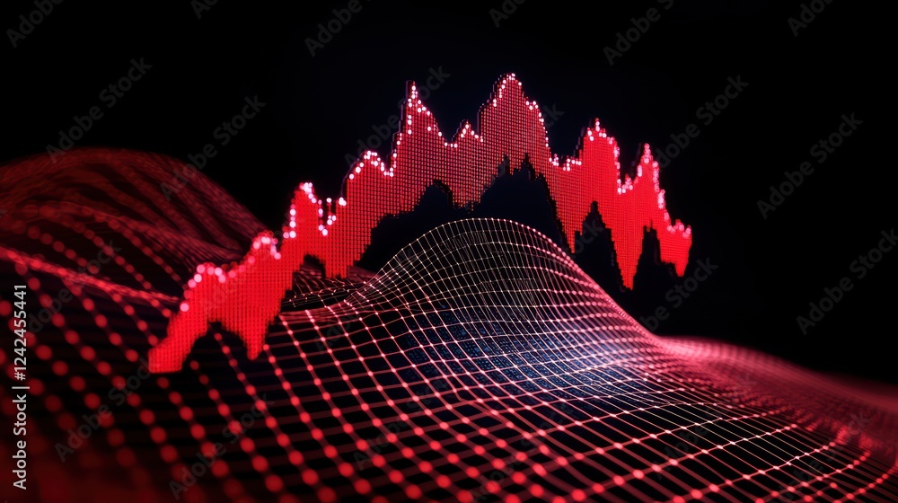 Poster red data visualization on abstract surface with digital grid background