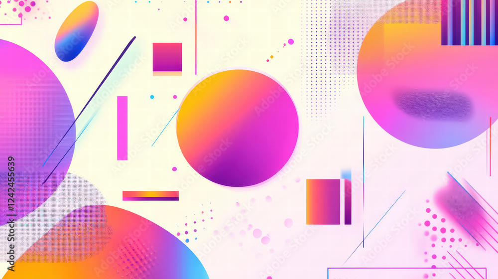 Poster colorful abstract geometric shapes create vibrant grid pattern with circles, squares, and lines in s